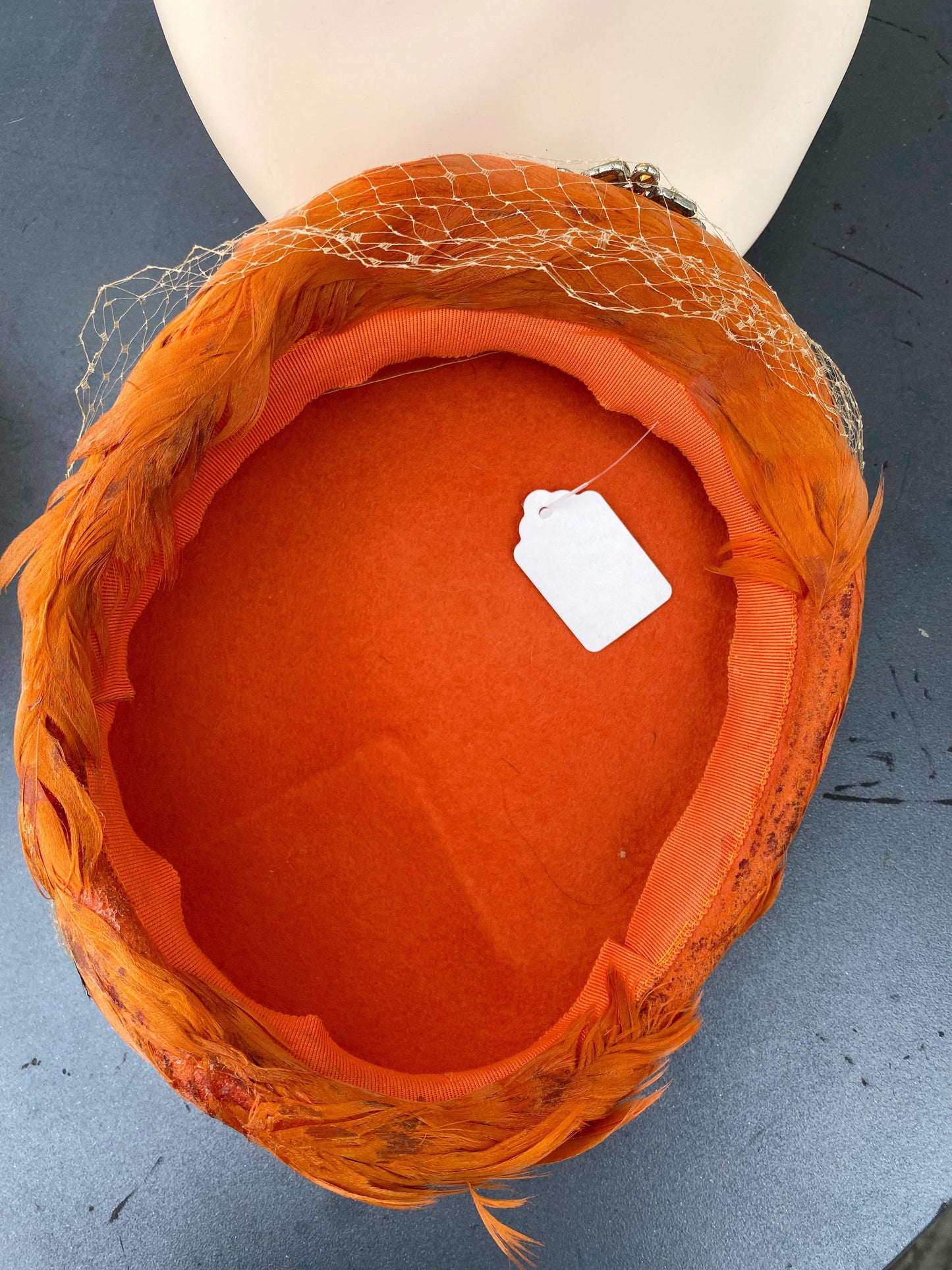 Vintage Bright Orange Feather Hat with Netting & a Rhinestone Broach - A Walk Thru Time Vintage