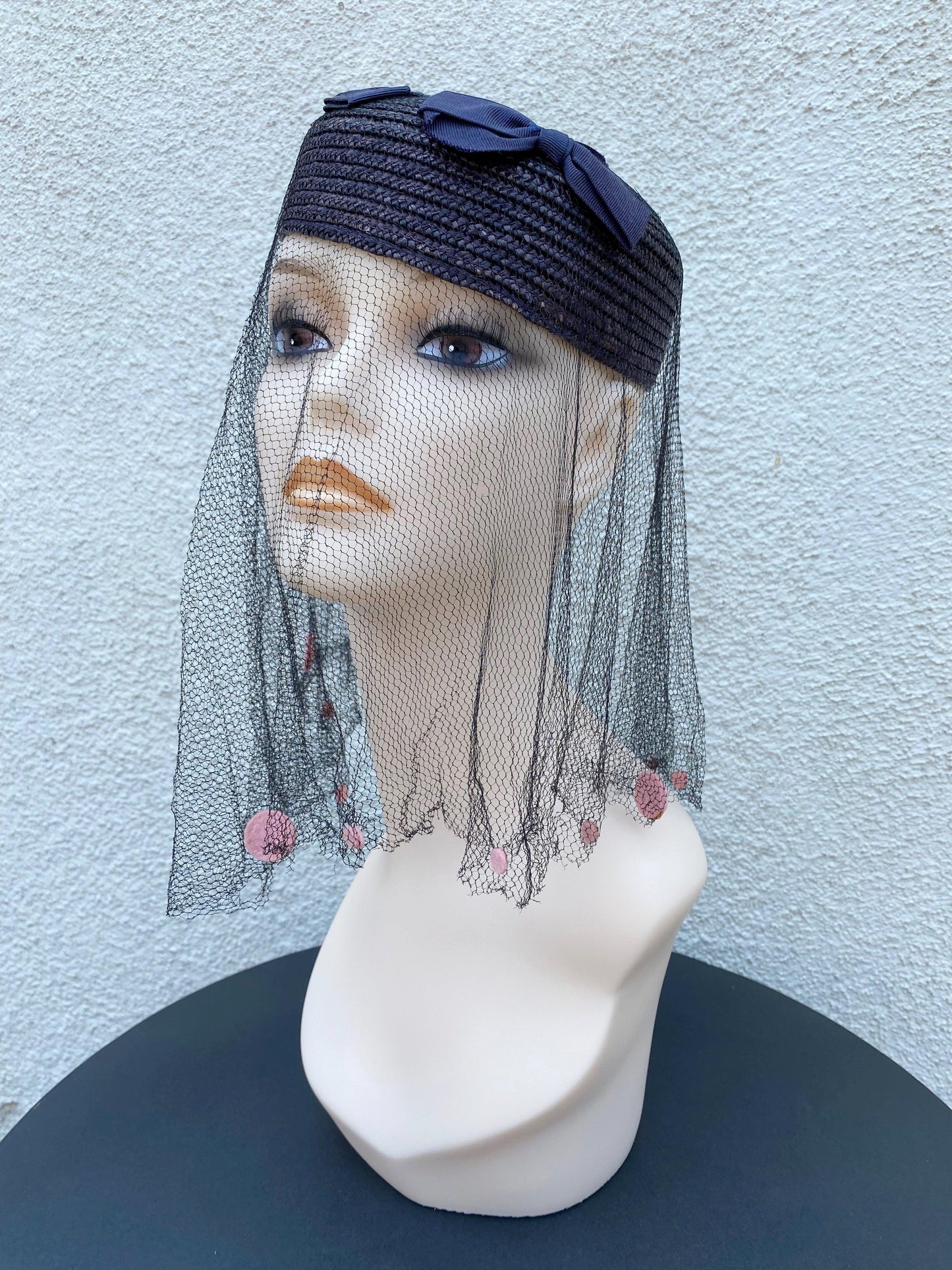 1960's Navy Straw Pillbox Hat With Netting - A Walk Thru Time Vintage