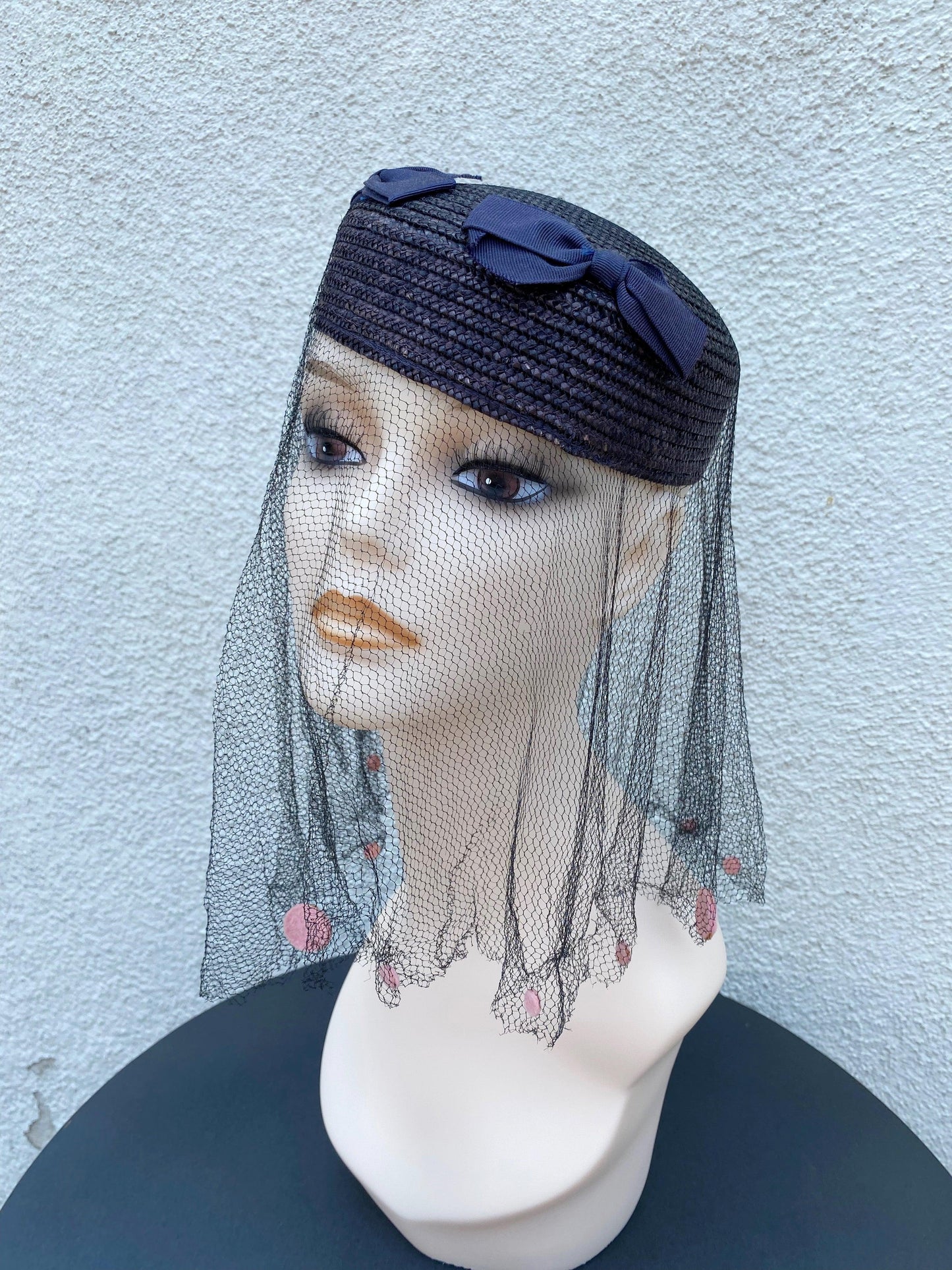 1960's Navy Straw Pillbox Hat With Netting - A Walk Thru Time Vintage