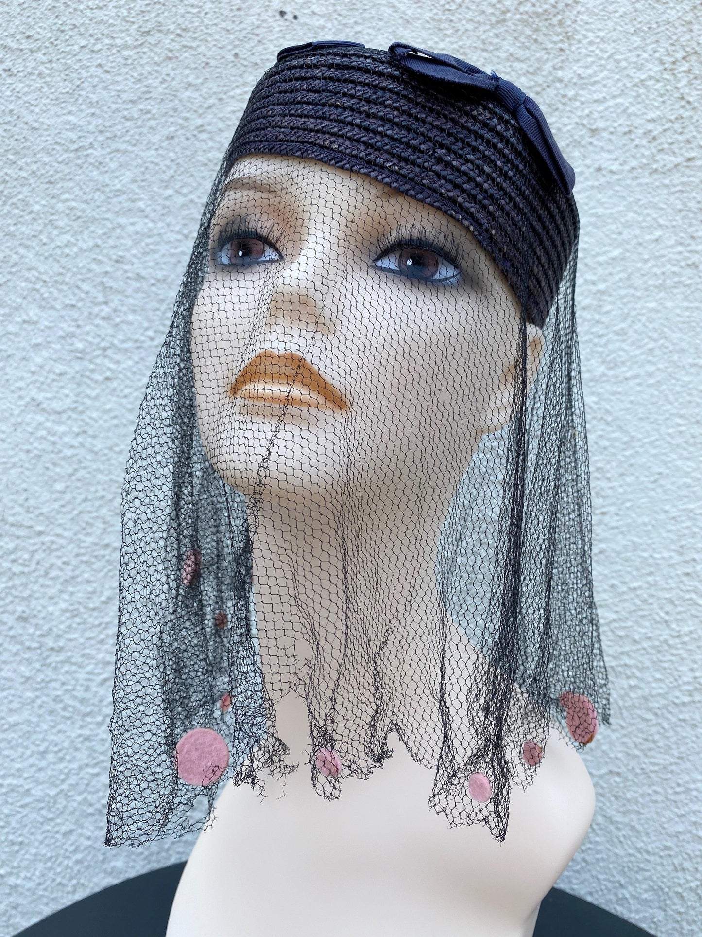 1960's Navy Straw Pillbox Hat With Netting - A Walk Thru Time Vintage