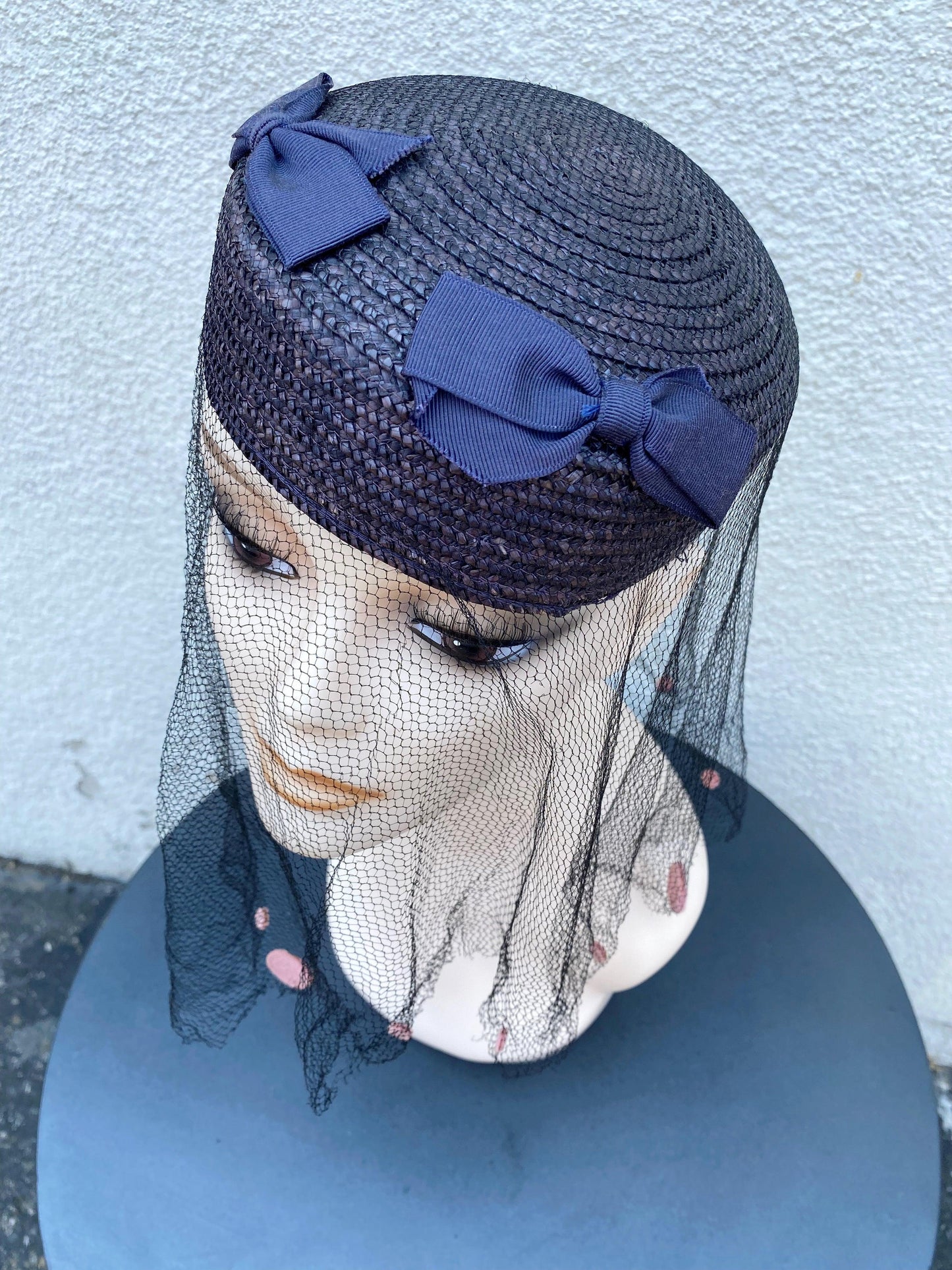 1960's Navy Straw Pillbox Hat With Netting - A Walk Thru Time Vintage