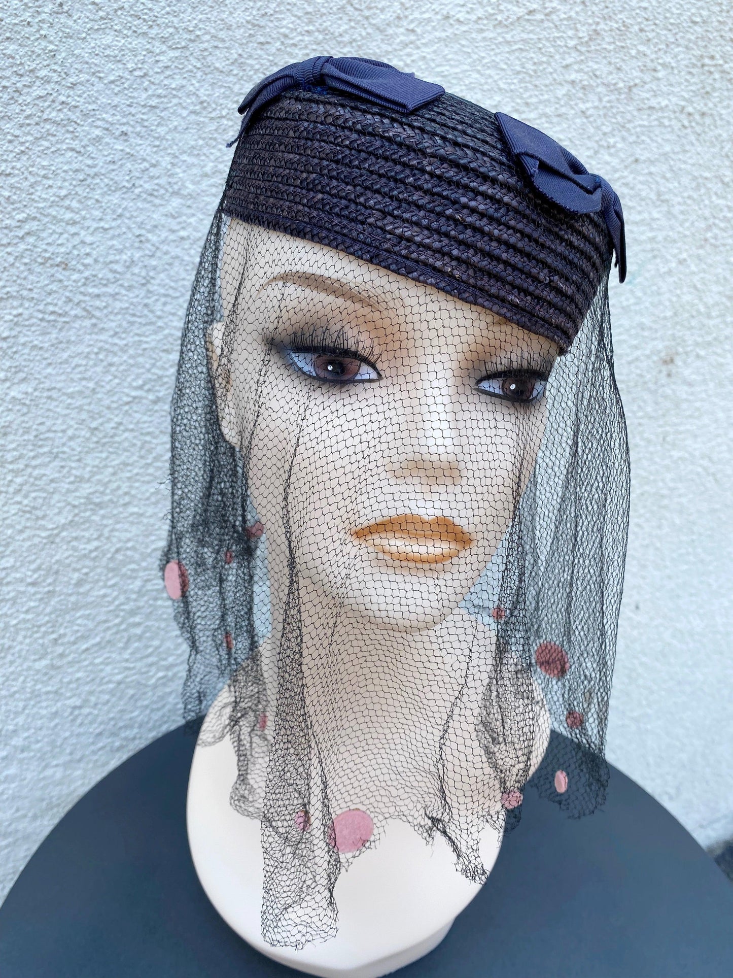 1960's Navy Straw Pillbox Hat With Netting - A Walk Thru Time Vintage