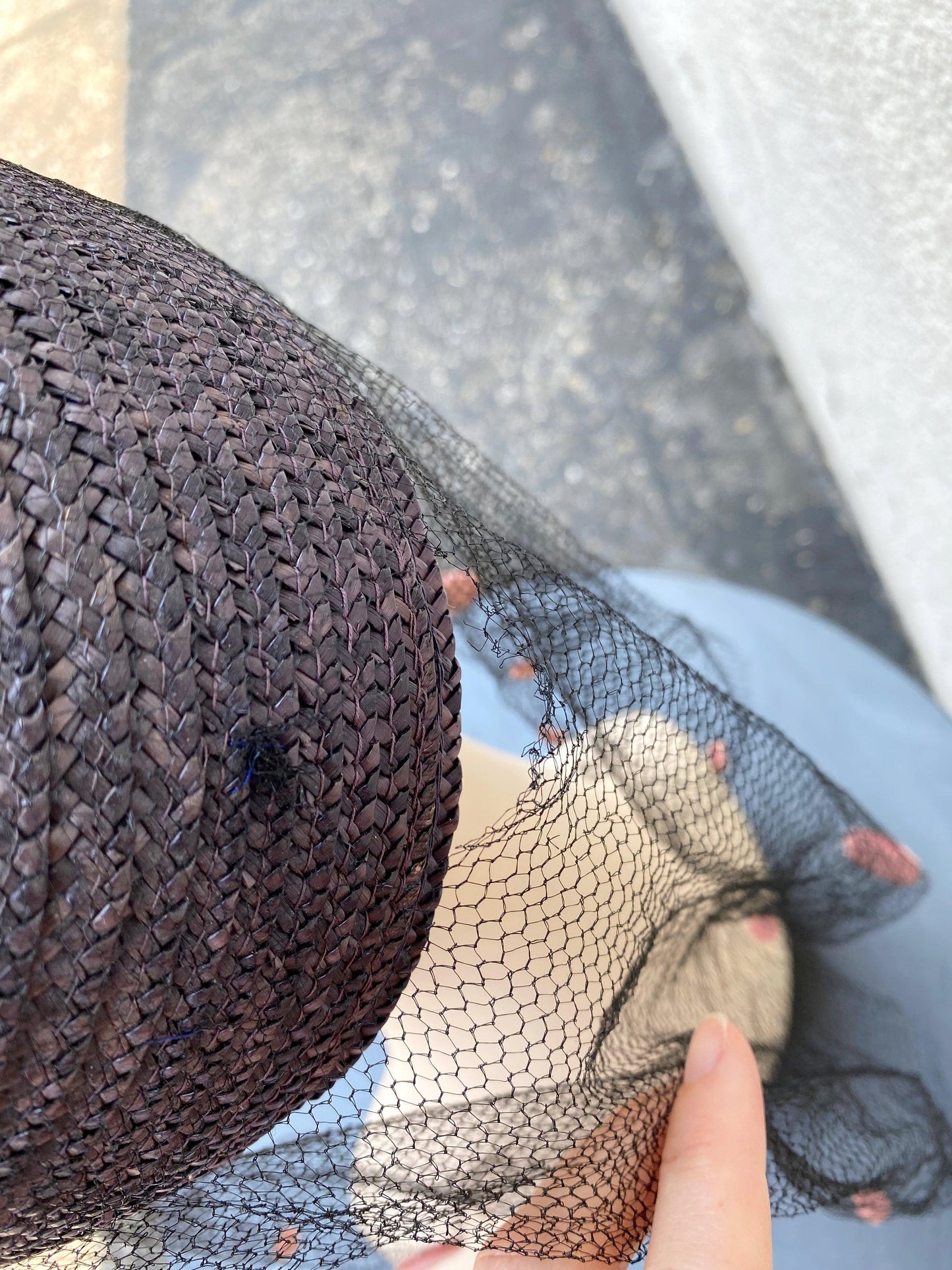 1960's Navy Straw Pillbox Hat With Netting - A Walk Thru Time Vintage