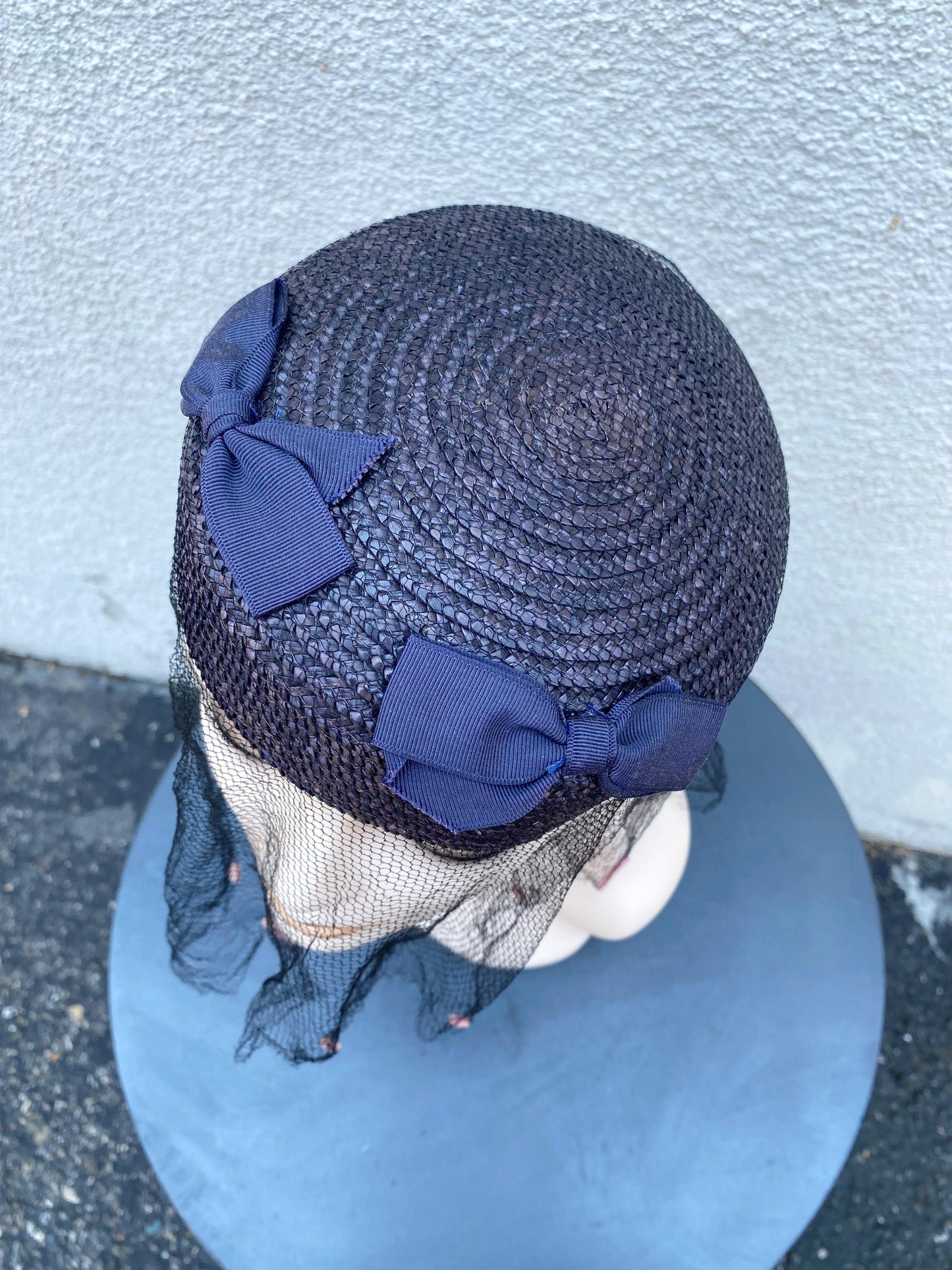 1960's Navy Straw Pillbox Hat With Netting - A Walk Thru Time Vintage