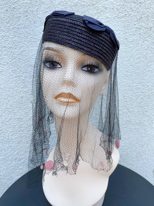 1960's Navy Straw Pillbox Hat With Netting - A Walk Thru Time Vintage