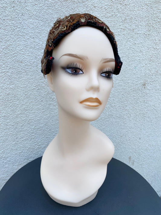 1940's Brown Feathered Calot Hat - A Walk Thru Time Vintage