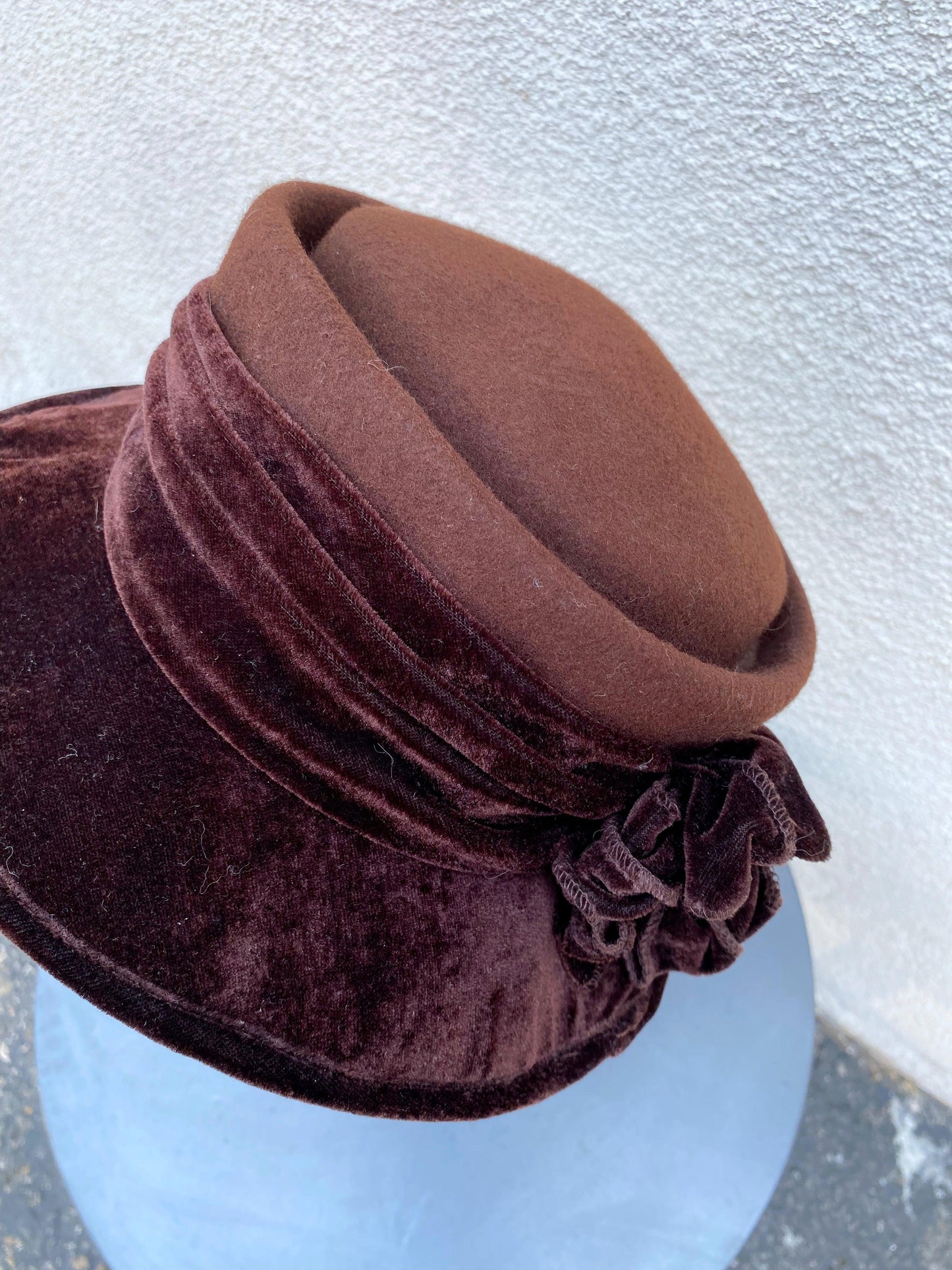 1960's Chocolate Brown Wool Big Velvet Hat - A Walk Thru Time Vintage