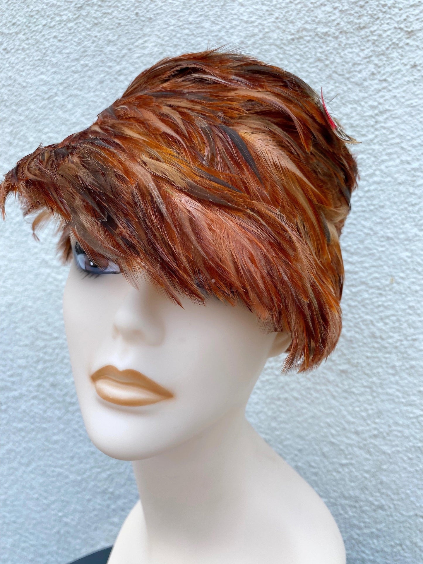 1960's Tall Pillbox Brown Feathered Hat - A Walk Thru Time Vintage