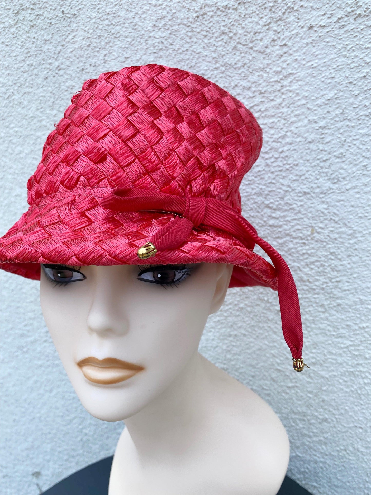1950's 1960's Woven Red Straw Bucket Hat With Bow - A Walk Thru Time Vintage