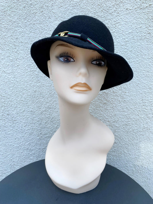 1960's Black Wool Striped Band Sun Hat - A Walk Thru Time Vintage