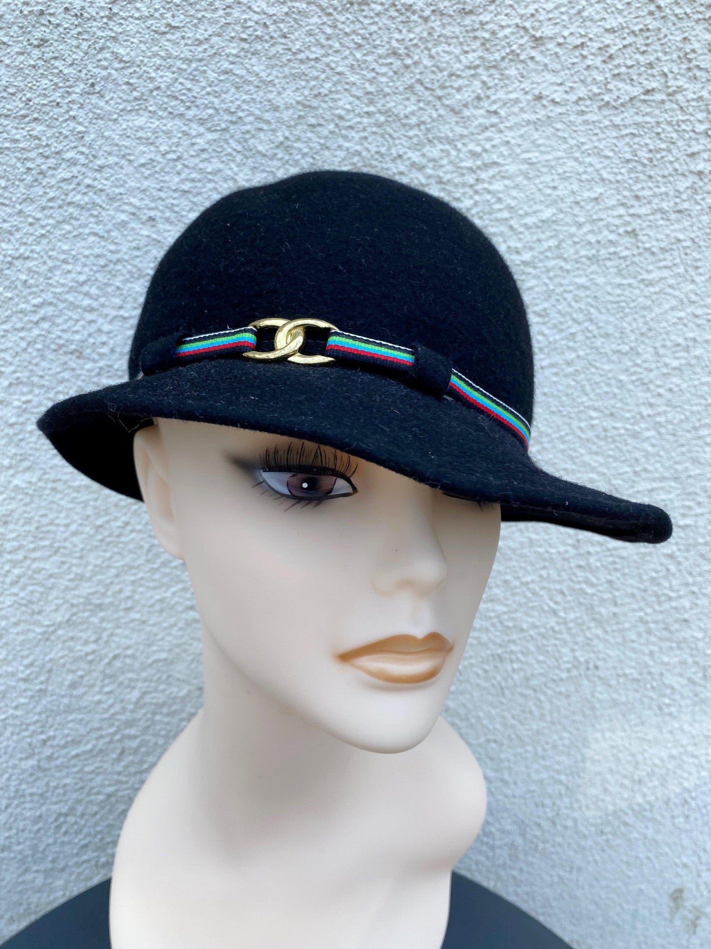 1960's Black Wool Striped Band Sun Hat - A Walk Thru Time Vintage