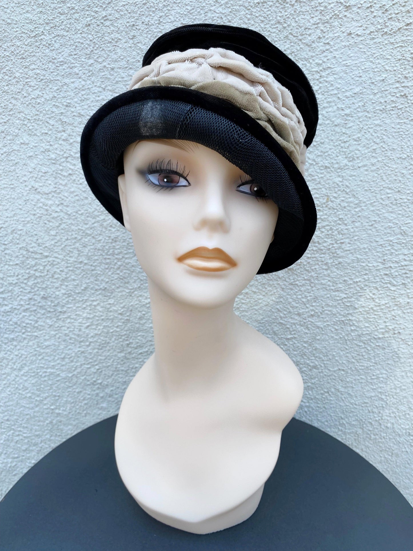1920's-1960's Black & Taupe Velvet Hat - A Walk Thru Time Vintage
