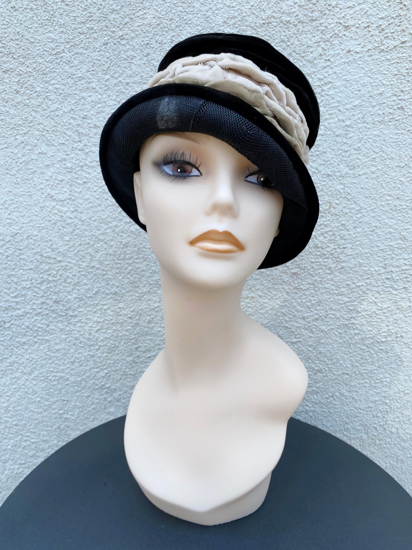 1920's-1960's Black & Taupe Velvet Hat - A Walk Thru Time Vintage