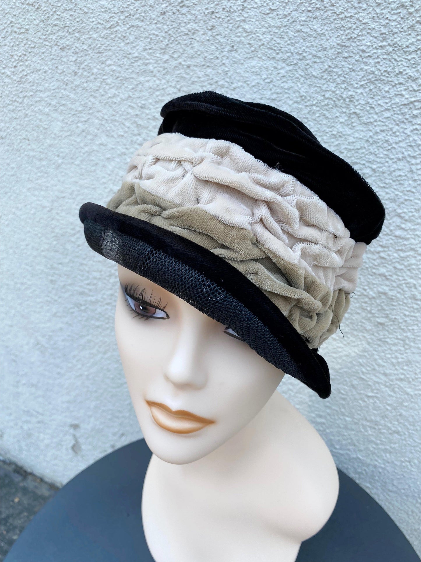 1920's-1960's Black & Taupe Velvet Hat - A Walk Thru Time Vintage