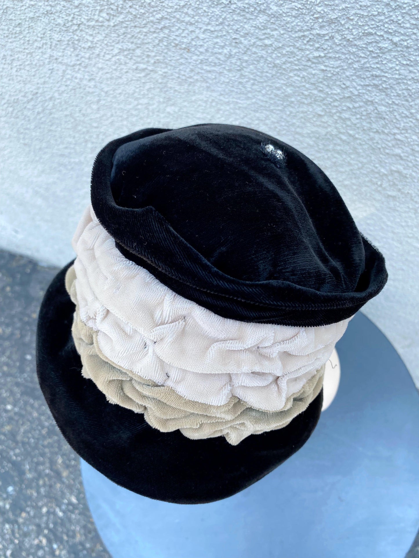1920's-1960's Black & Taupe Velvet Hat - A Walk Thru Time Vintage