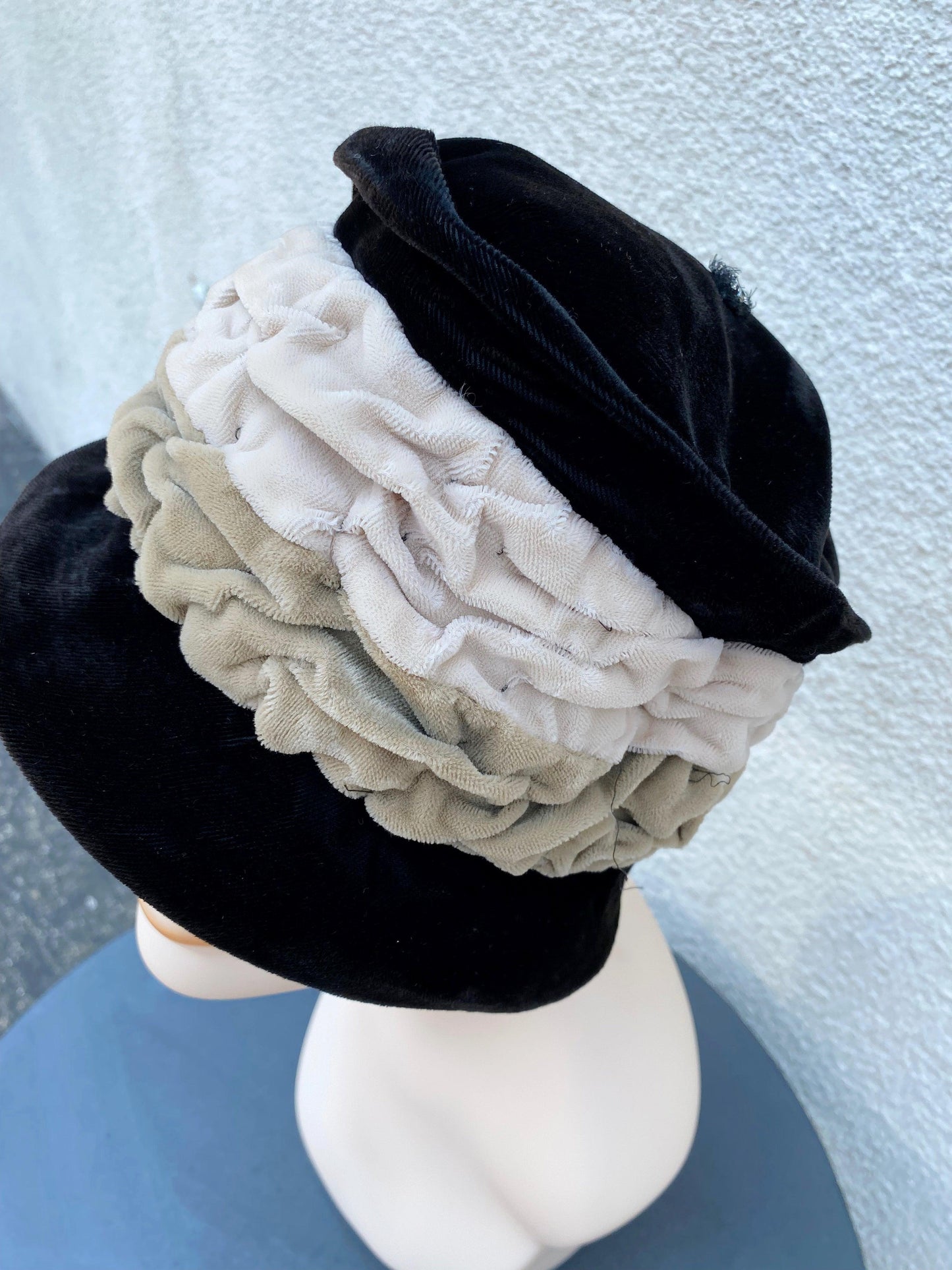 1920's-1960's Black & Taupe Velvet Hat - A Walk Thru Time Vintage