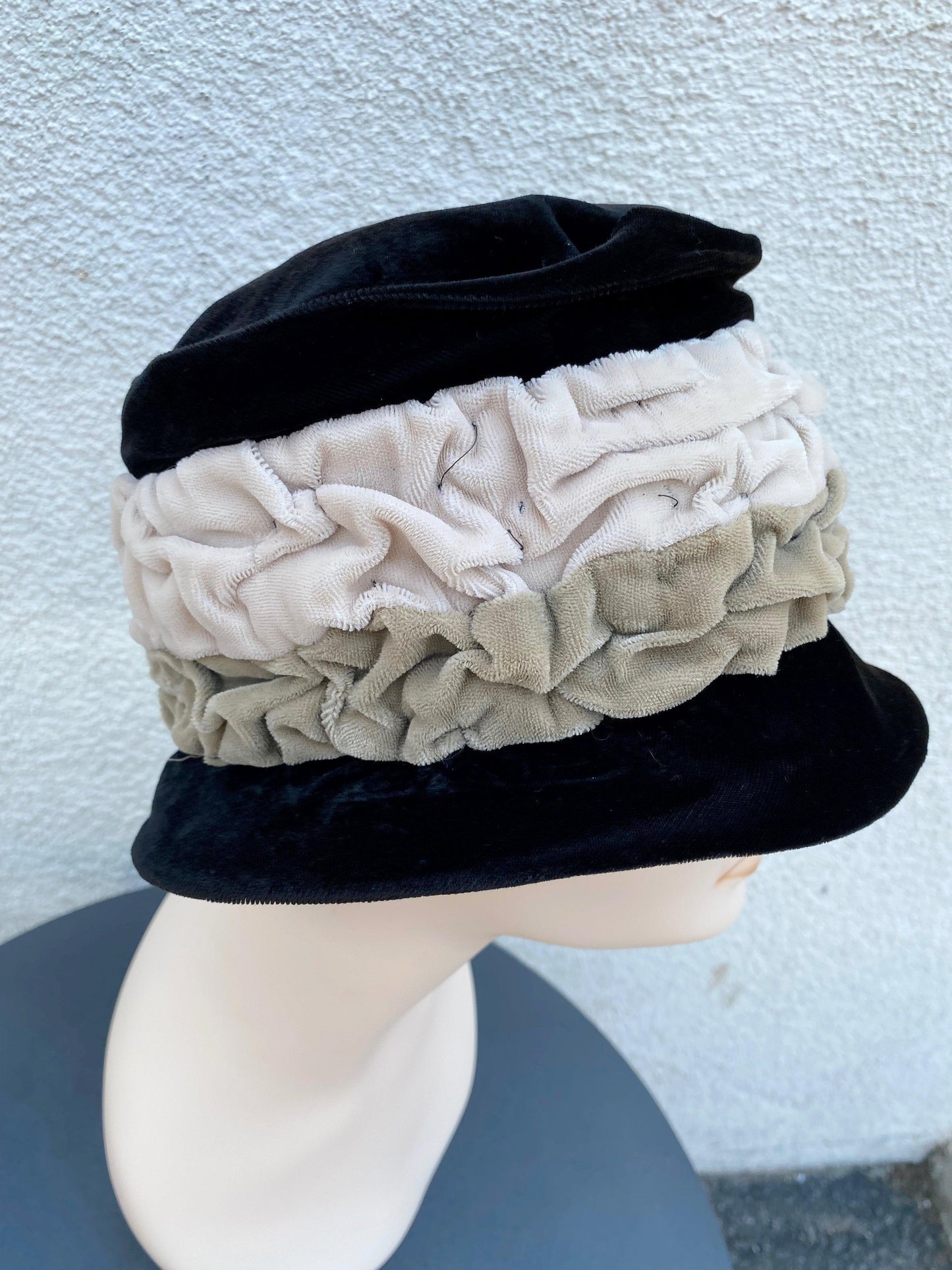 1920's-1960's Black & Taupe Velvet Hat - A Walk Thru Time Vintage