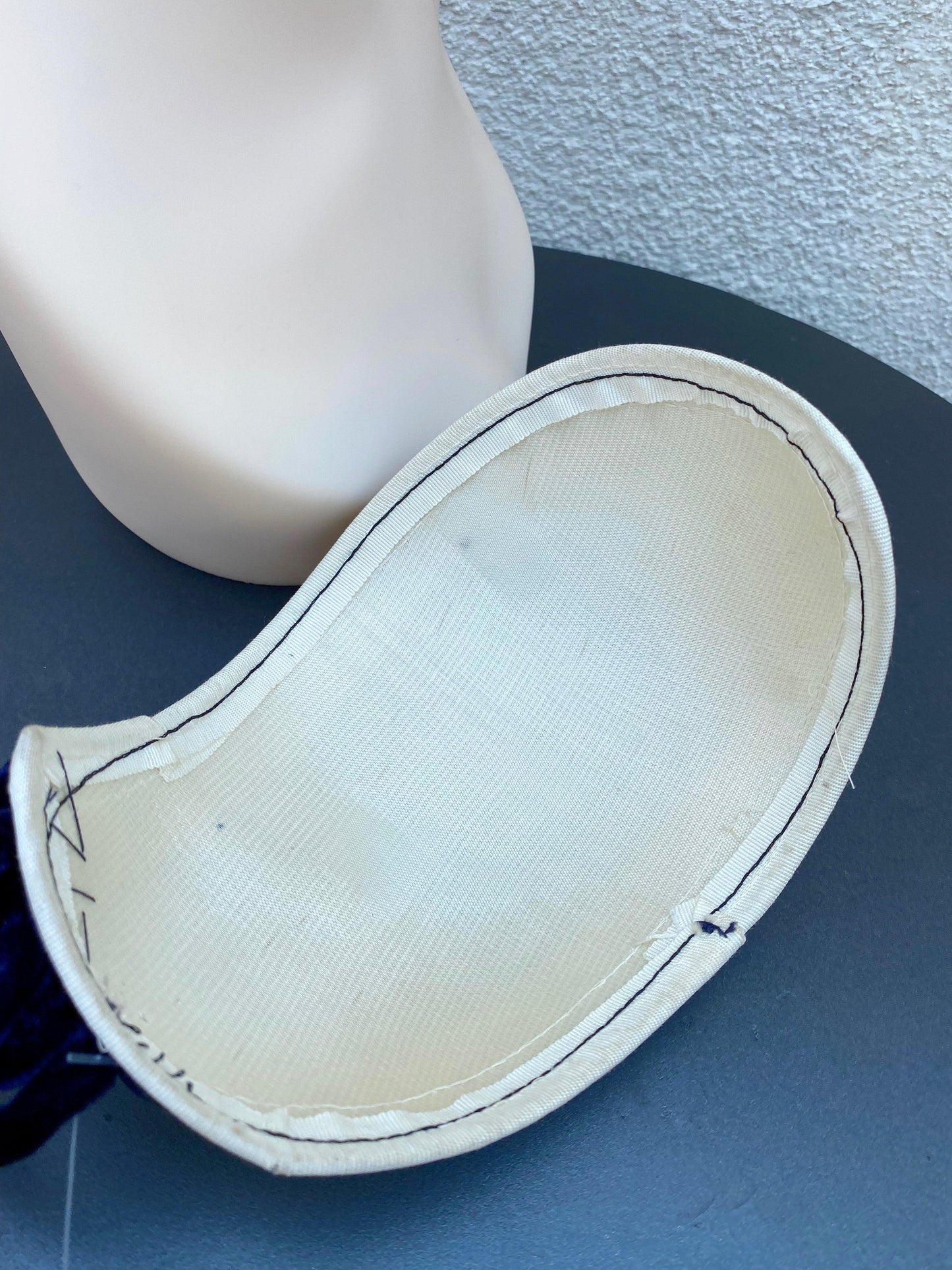 1950's White Pique Hat With Navy Blue Velvet Trim - A Walk Thru Time Vintage