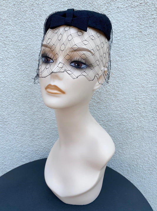 1940's 1950's Crepe Circle Pillbox Hat with Netting - A Walk Thru Time Vintage