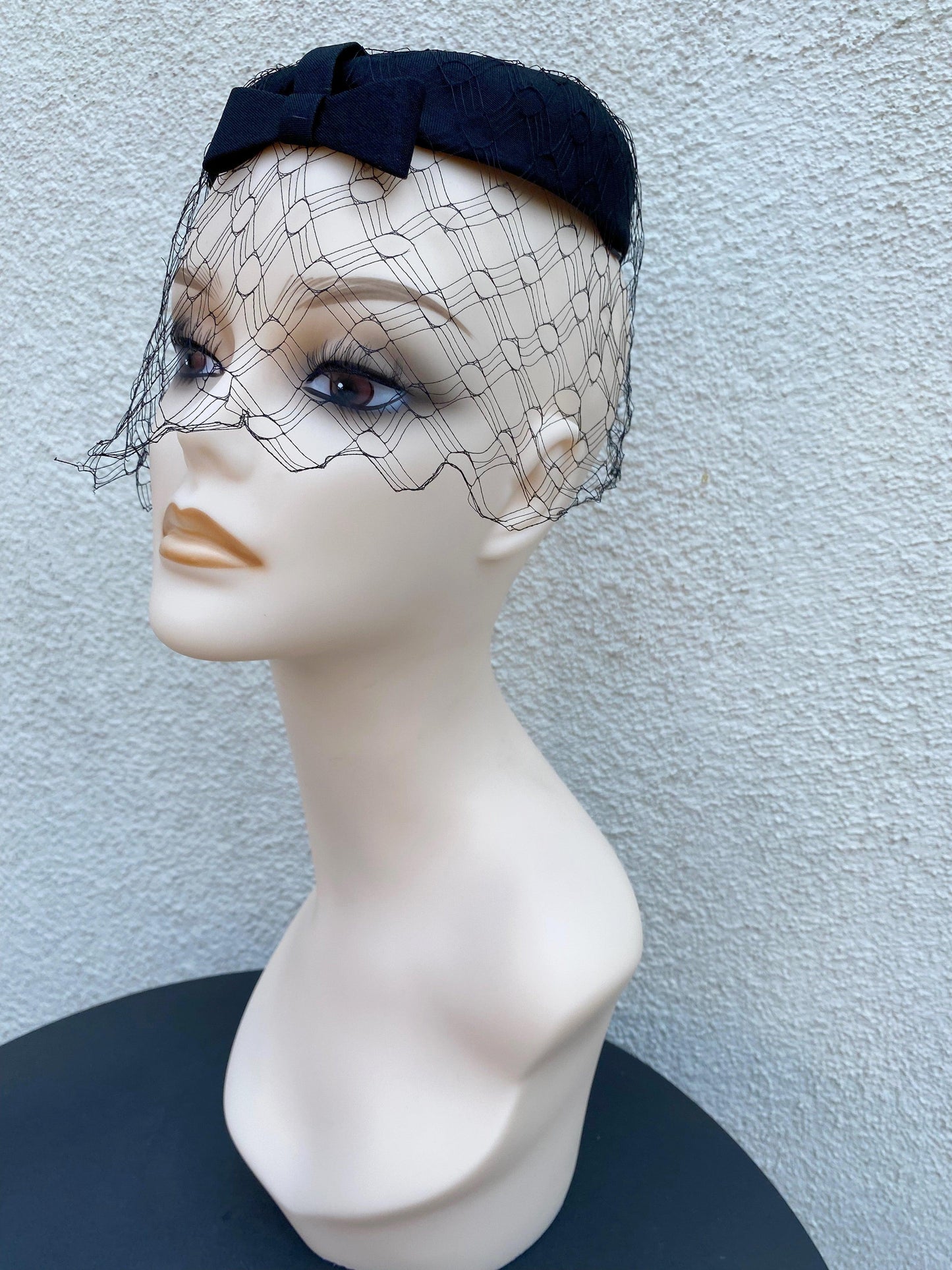 1940's 1950's Crepe Circle Pillbox Hat with Netting - A Walk Thru Time Vintage