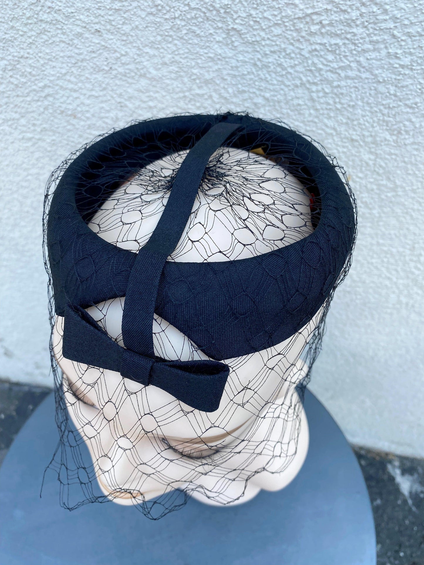 1940's 1950's Crepe Circle Pillbox Hat with Netting - A Walk Thru Time Vintage