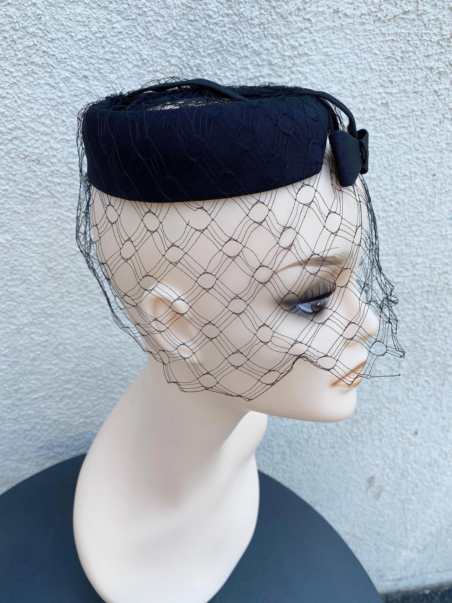 1940's 1950's Crepe Circle Pillbox Hat with Netting - A Walk Thru Time Vintage