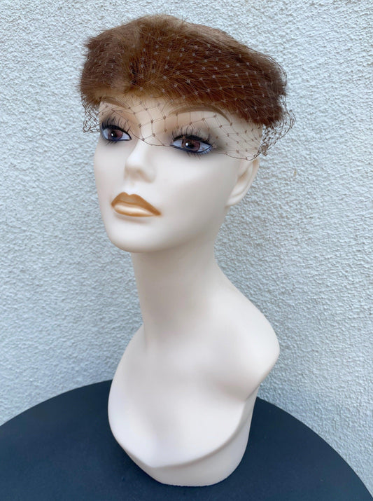 1940's 1950's Brown Mink Fur Circle Hat With Netting - A Walk Thru Time Vintage