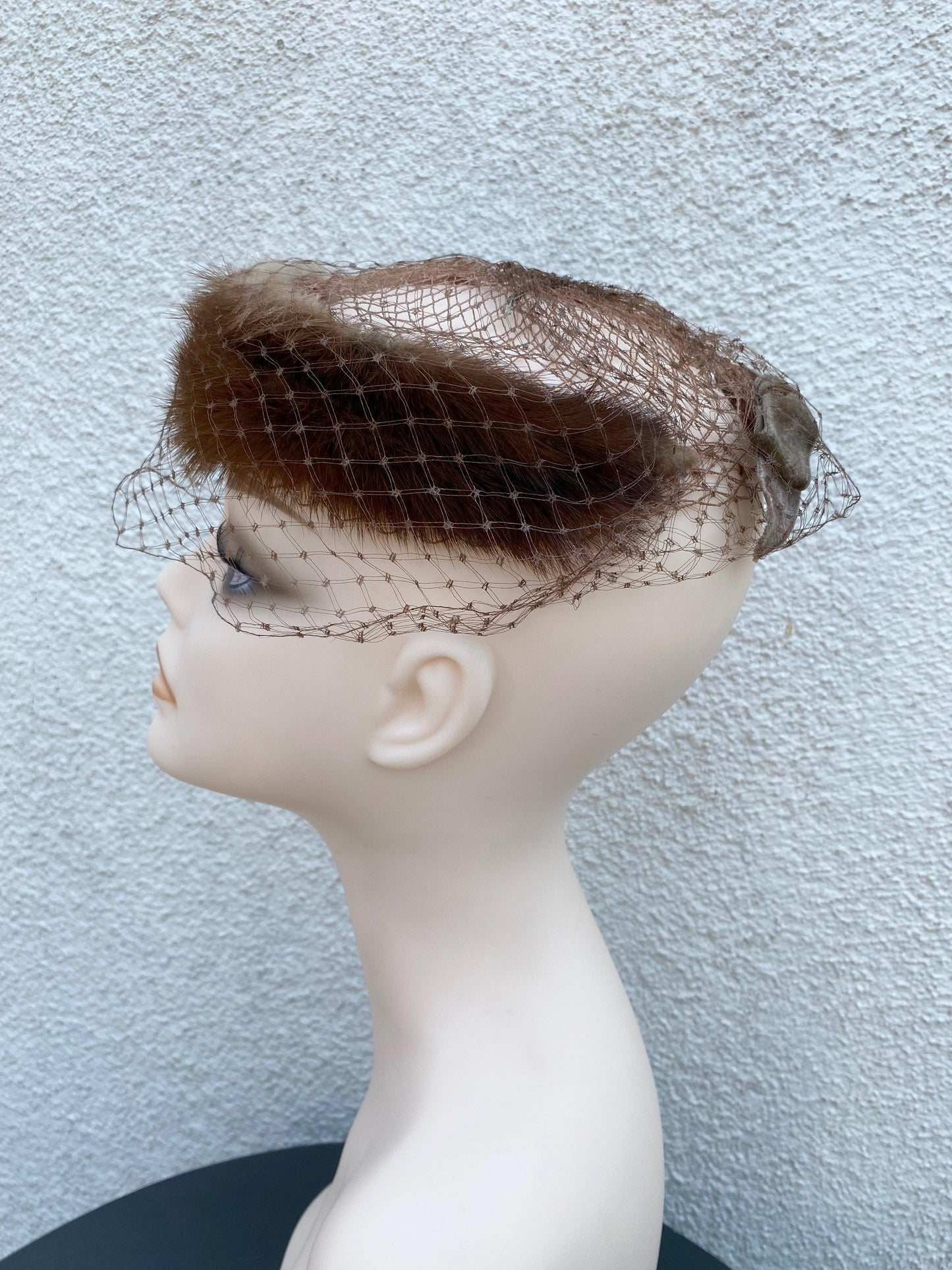 1940's 1950's Brown Mink Fur Circle Hat With Netting - A Walk Thru Time Vintage