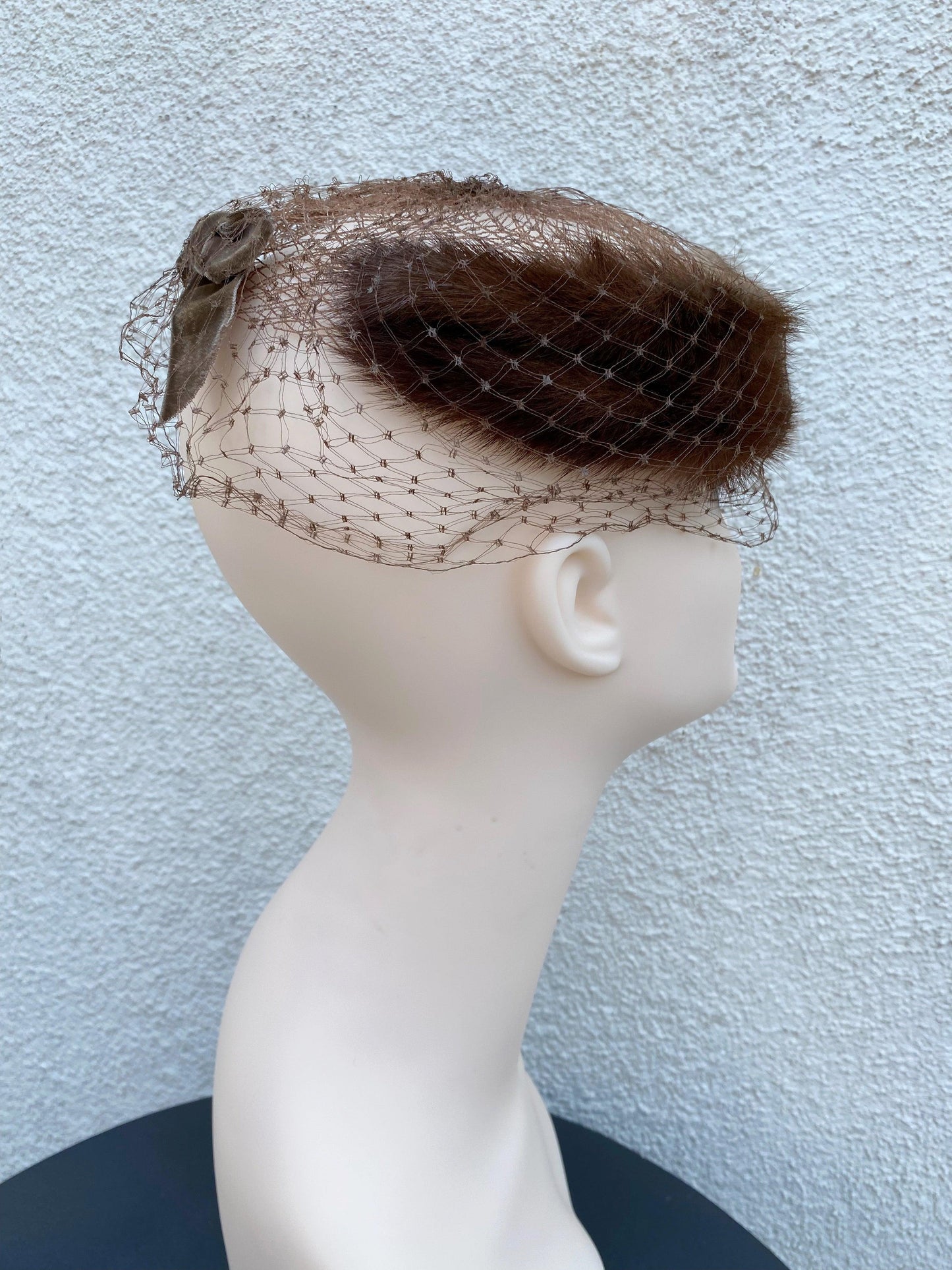 1940's 1950's Brown Mink Fur Circle Hat With Netting - A Walk Thru Time Vintage