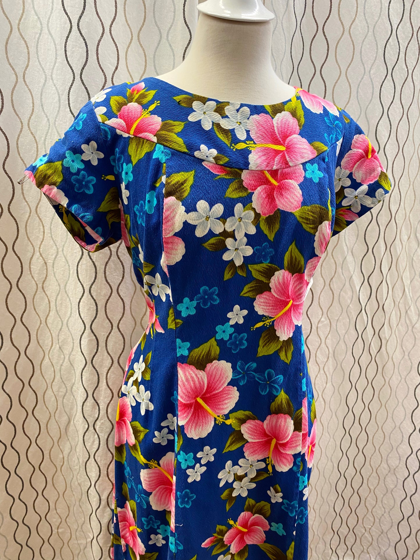 1970's Dark Blue Hawaiian Floral Maxi Dress - A Walk Thru Time Vintage