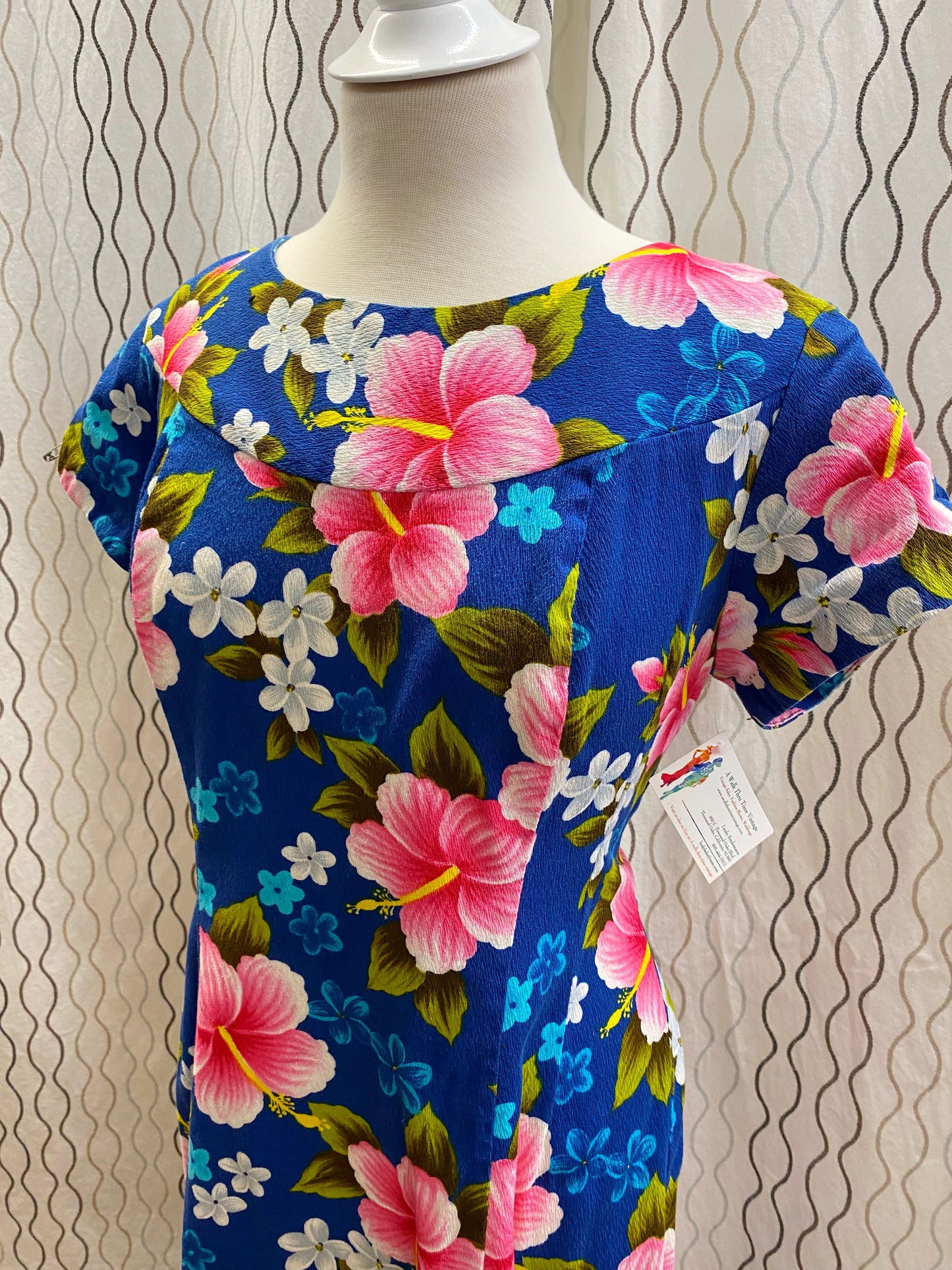 1970's Dark Blue Hawaiian Floral Maxi Dress - A Walk Thru Time Vintage