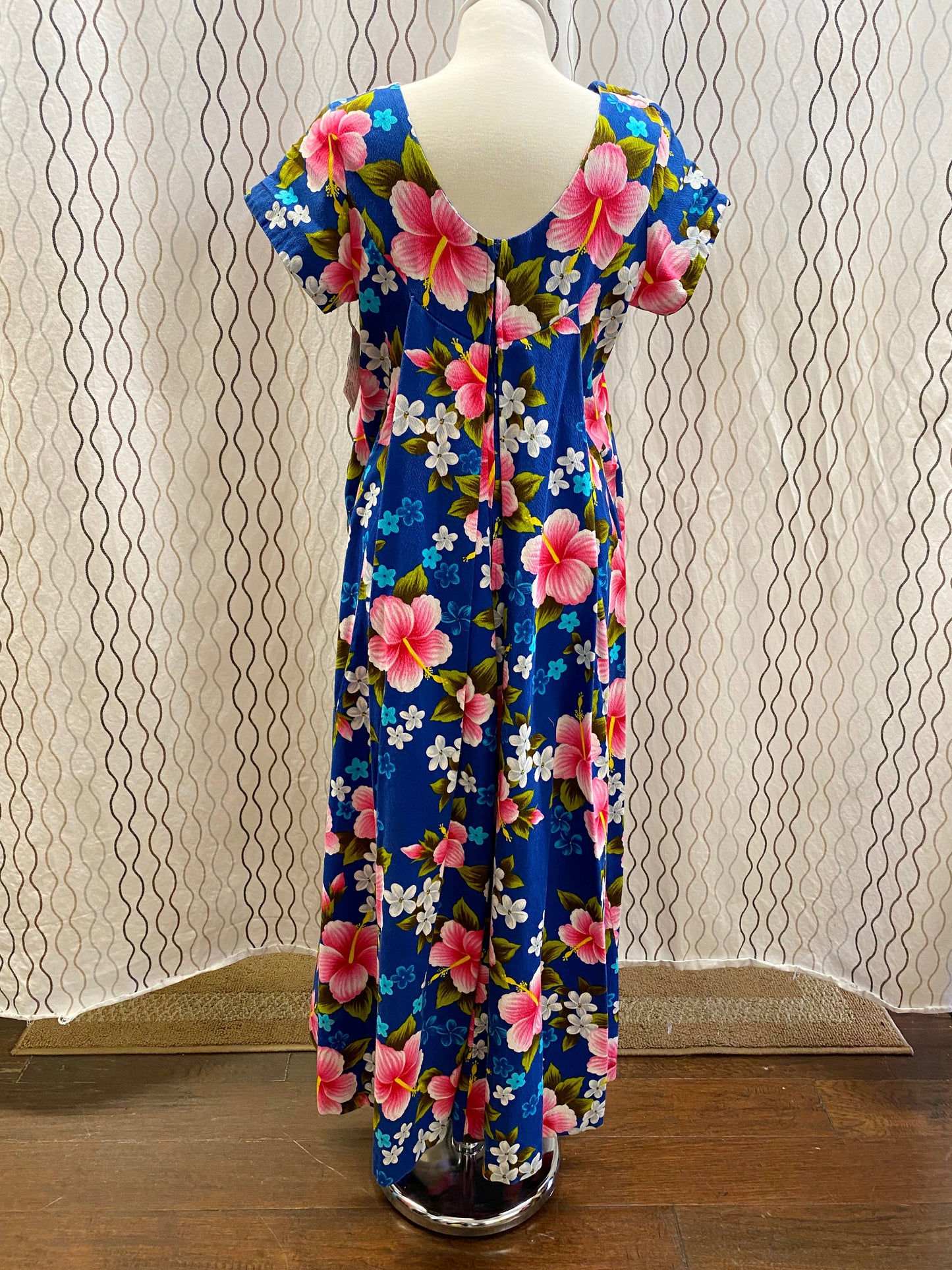 1970's Dark Blue Hawaiian Floral Maxi Dress - A Walk Thru Time Vintage