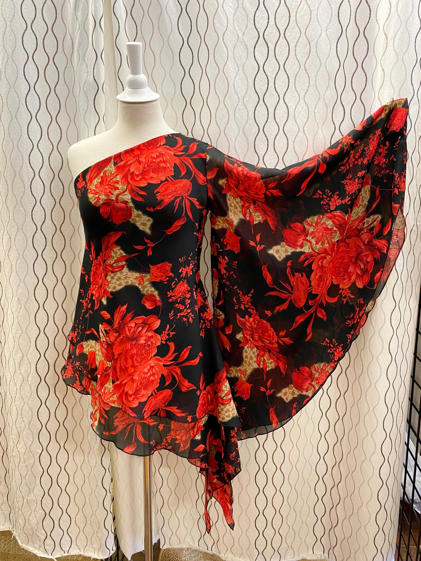 1990's Black and Red Floral Salsa One Shoulder Dress - A Walk Thru Time Vintage