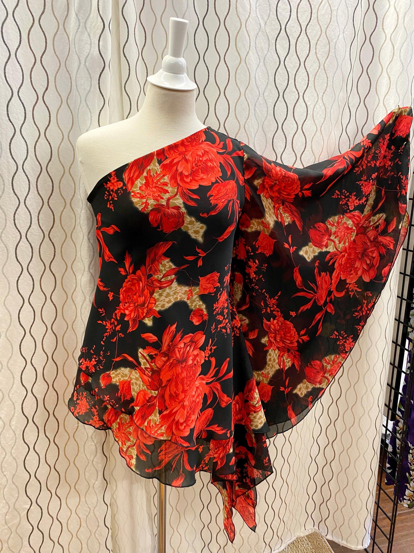 1990's Black and Red Floral Salsa One Shoulder Dress - A Walk Thru Time Vintage