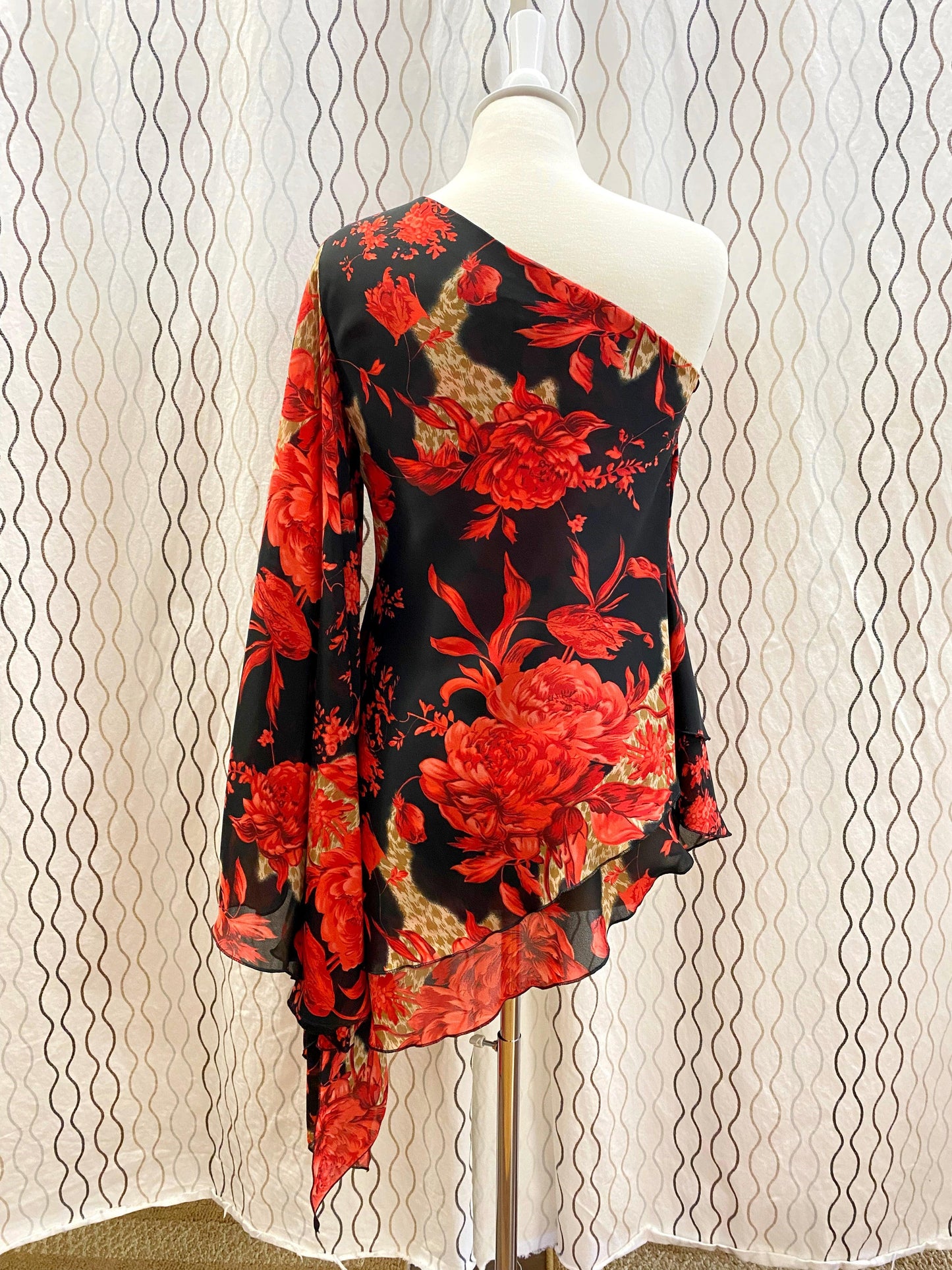 1990's Black and Red Floral Salsa One Shoulder Dress - A Walk Thru Time Vintage