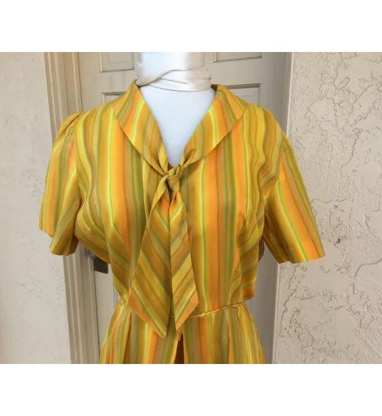 Vintage 1950s Orange & Green Stripe Short Sleeve Nylon Dress - A Walk Thru Time Vintage
