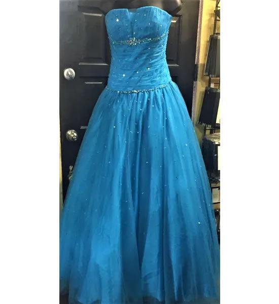 Turquoise Net Strapless Prom Party Evening Gown with Rhinestones and Sequins - A Walk Thru Time Vintage