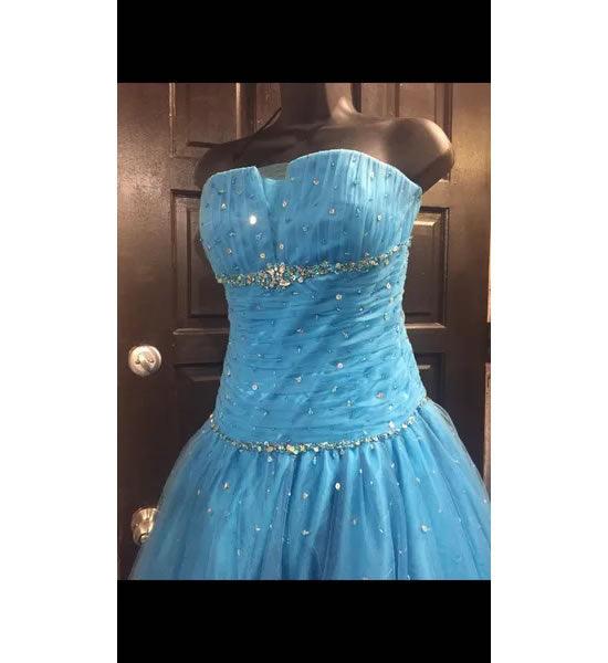 Turquoise Net Strapless Prom Party Evening Gown with Rhinestones and Sequins - A Walk Thru Time Vintage