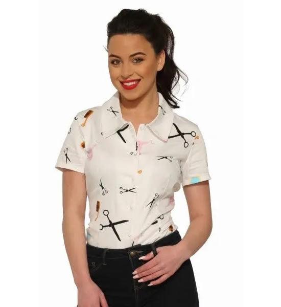 White Beauty Salon Peggy Button Up Blouse - A Walk Thru Time Vintage