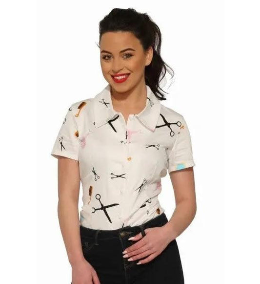 White Beauty Salon Peggy Button Up Blouse - A Walk Thru Time Vintage