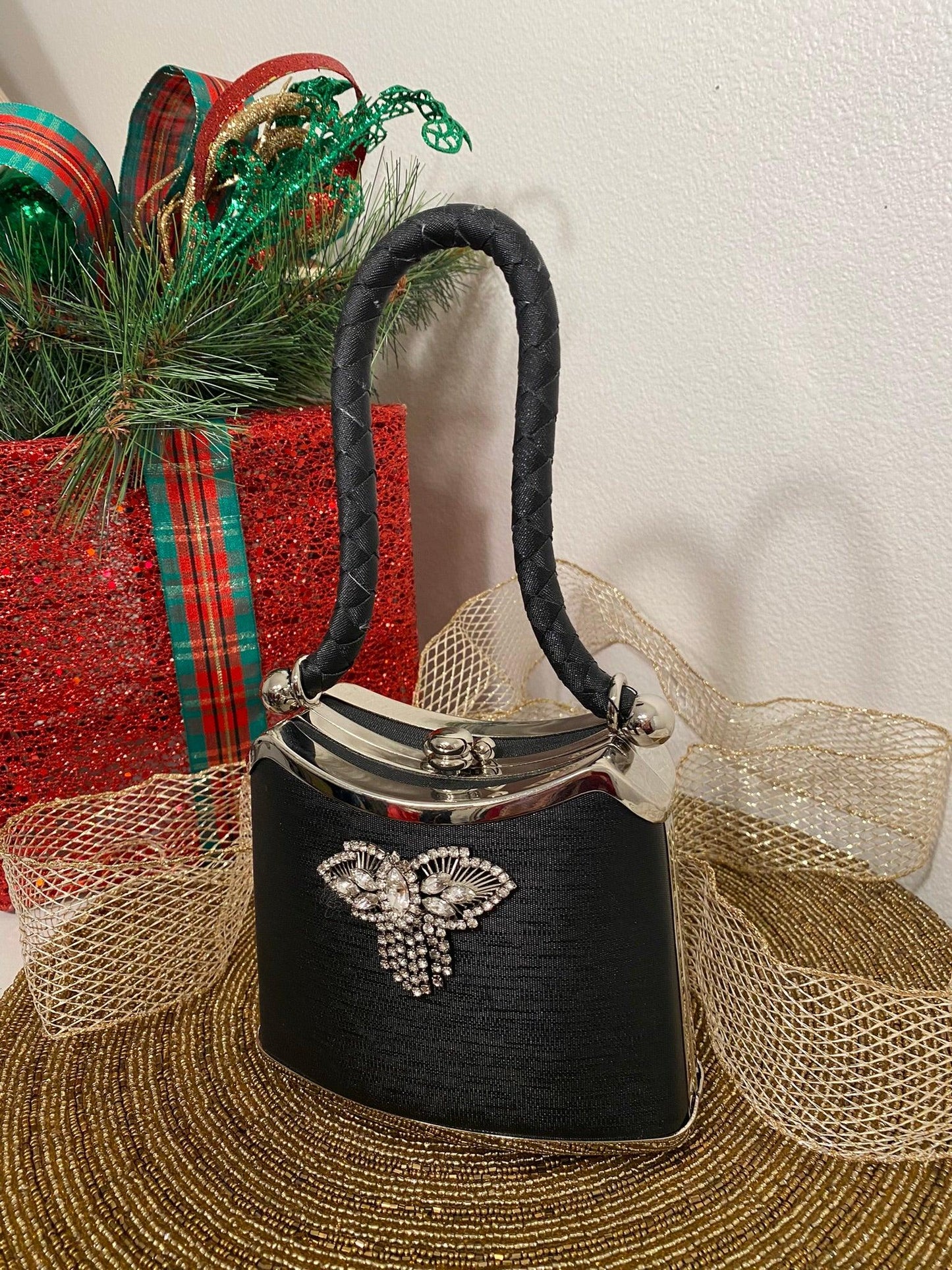 Black Satin Vintage Box evening bag with Rhinestone Brooch detail. - A Walk Thru Time Vintage