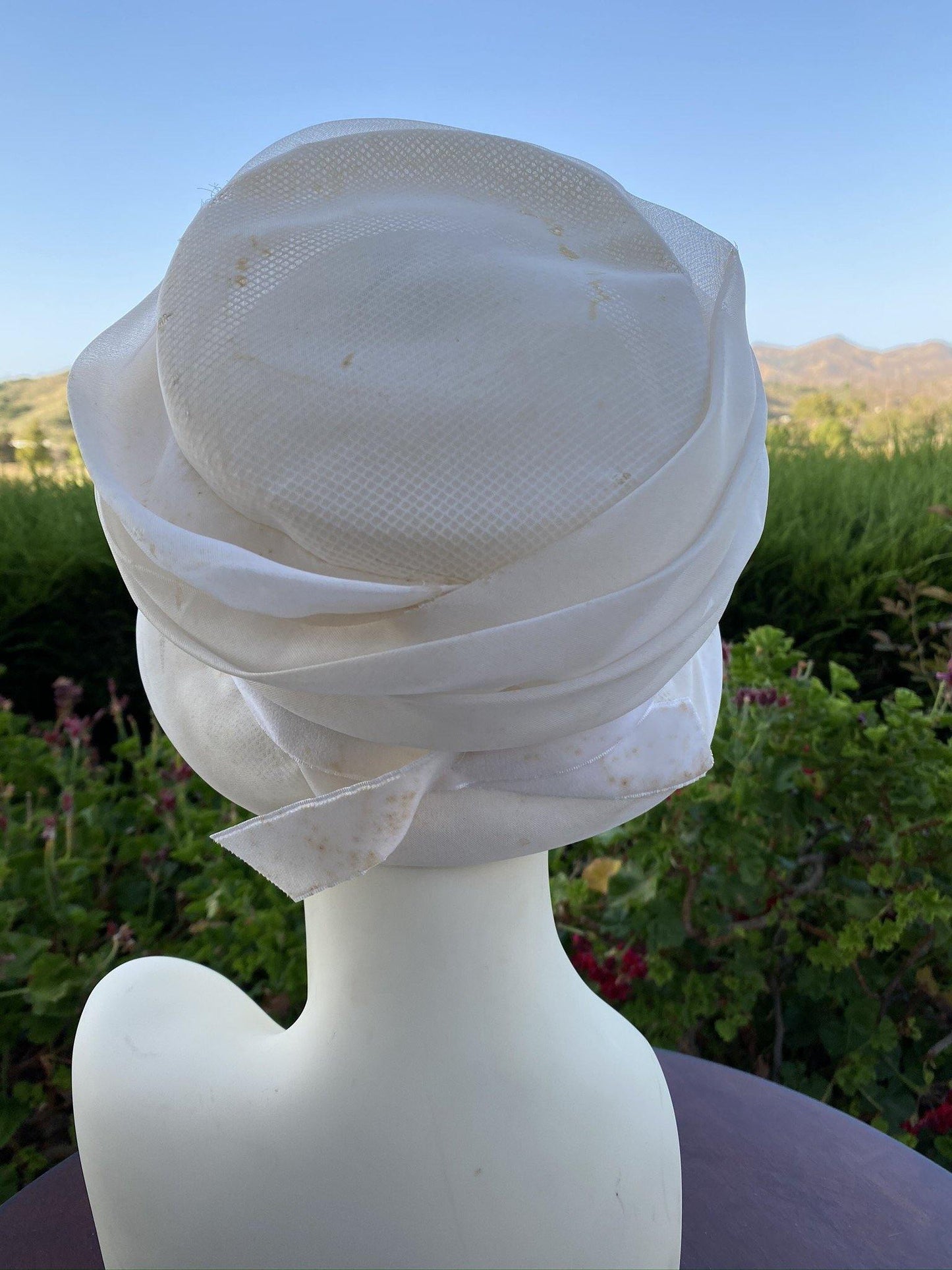1960 Bucket Hat Cream Chiffon with Velvet Bow Distressed - A Walk Thru Time Vintage