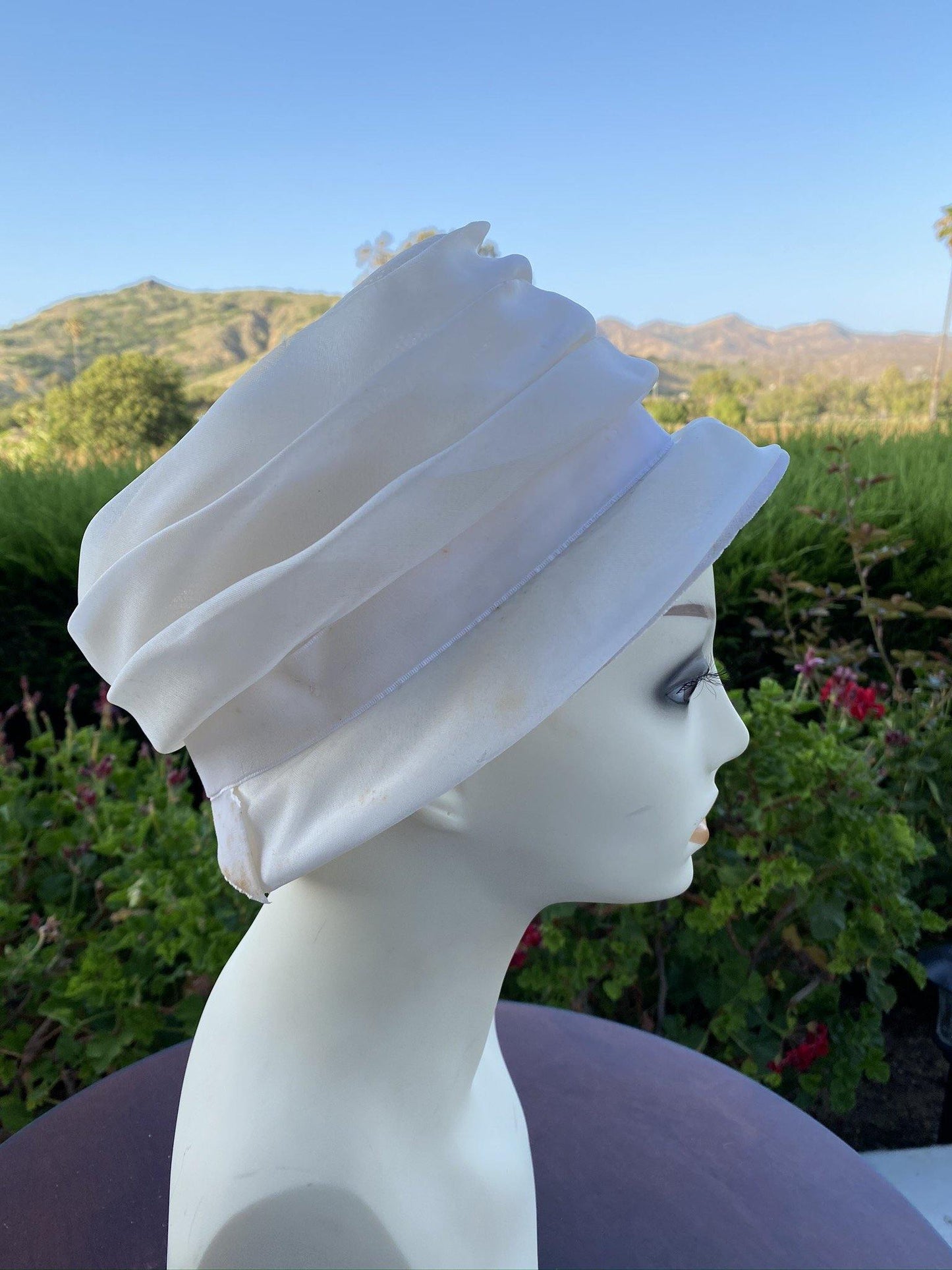 1960 Bucket Hat Cream Chiffon with Velvet Bow Distressed - A Walk Thru Time Vintage