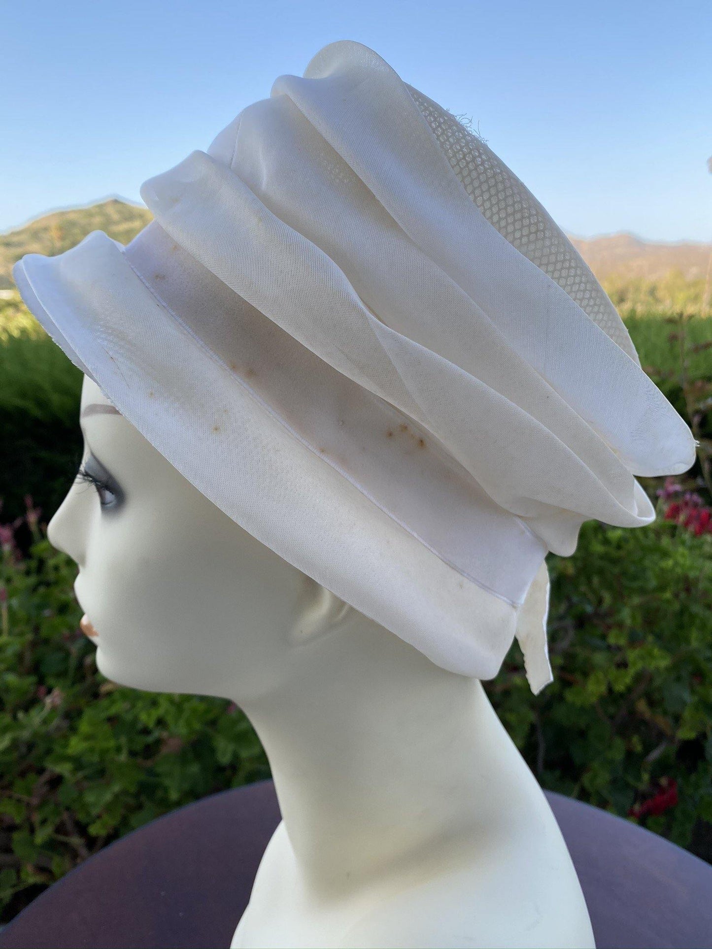 1960 Bucket Hat Cream Chiffon with Velvet Bow Distressed - A Walk Thru Time Vintage