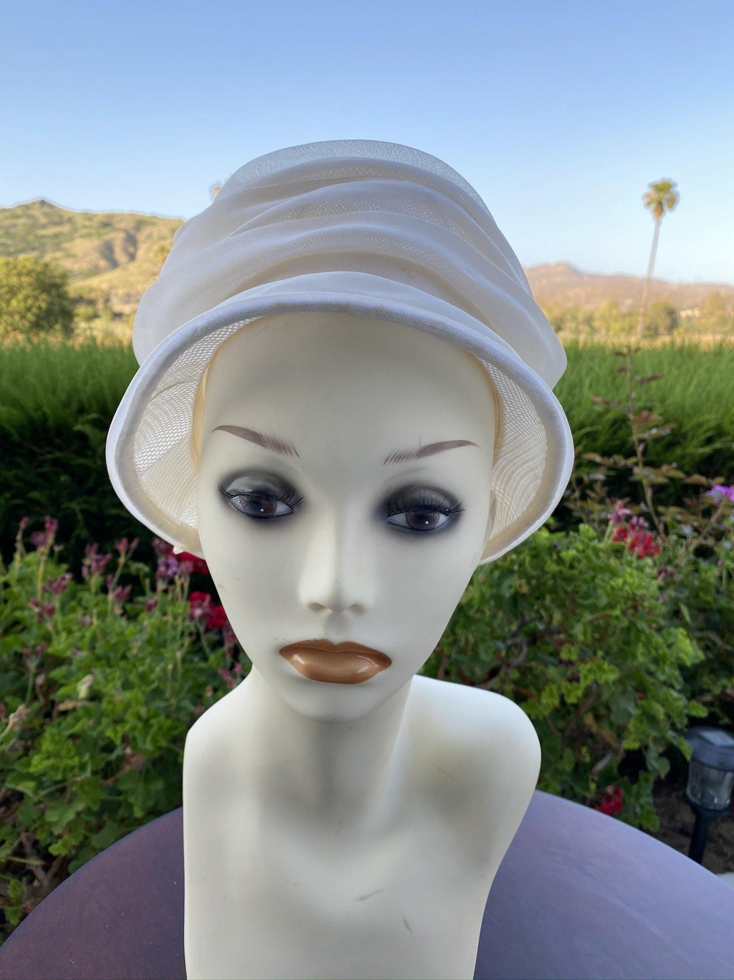 1960 Bucket Hat Cream Chiffon with Velvet Bow Distressed - A Walk Thru Time Vintage