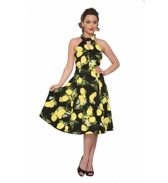 Black & Yellow Lemon Print A-Line Dress - A Walk Thru Time Vintage