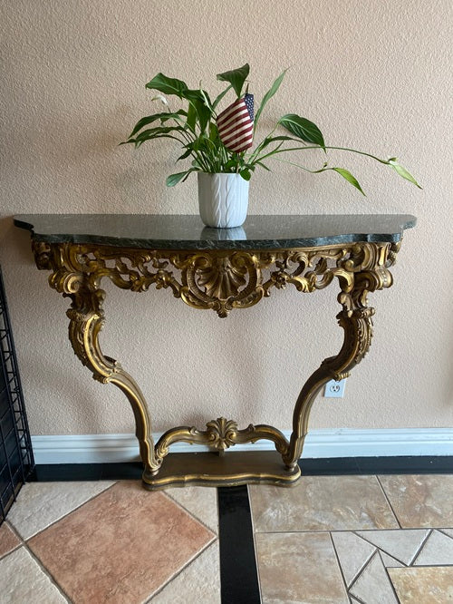 19th Century French Italian Rococo Giltwood & Marble Console