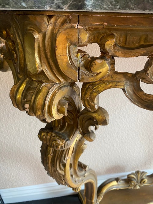 19th Century French Italian Rococo Giltwood & Marble Console