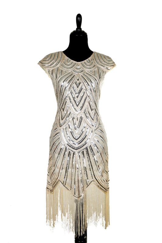 1920's Silver Gold Beaded Sequin Fringe Gatsby Flapper Dress
