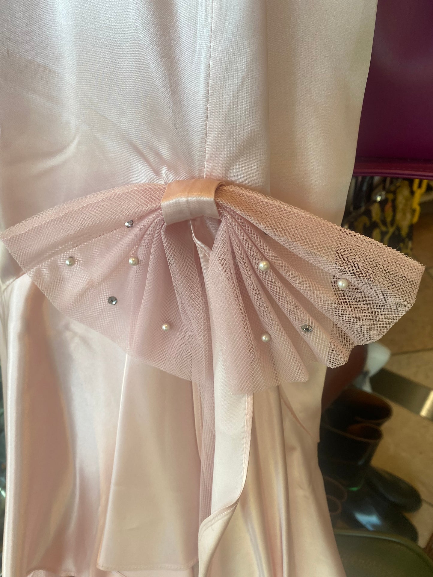 80's Pretty In Pink Satin Mermaid with Bow and Train Prom Dress